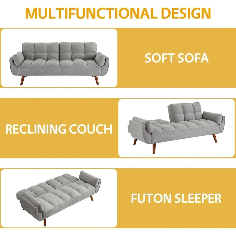 Ausziehbares Futon-Schlafsofa mit verstellbarer geteilter getufteter Rückenlehne und Beinen aus Gummibaumholz