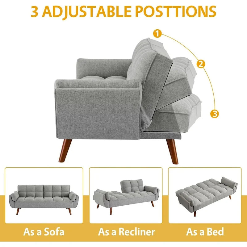 Ausziehbares Futon-Schlafsofa mit verstellbarer geteilter getufteter Rückenlehne und Beinen aus Gummibaumholz