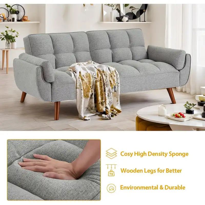 Ausziehbares Futon-Schlafsofa mit verstellbarer geteilter getufteter Rückenlehne und Beinen aus Gummibaumholz