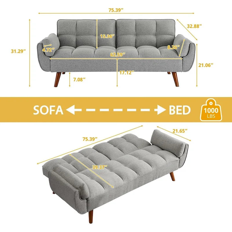 Ausziehbares Futon-Schlafsofa mit verstellbarer geteilter getufteter Rückenlehne und Beinen aus Gummibaumholz