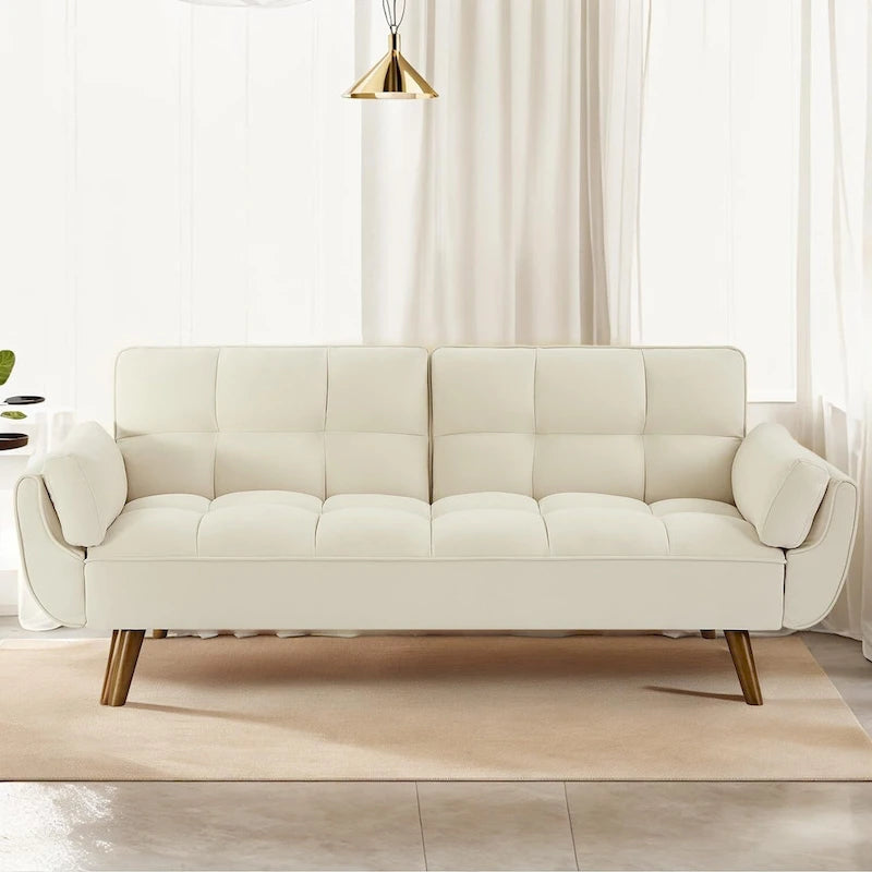 Ausziehbares Futon-Schlafsofa mit verstellbarer geteilter getufteter Rückenlehne und Beinen aus Gummibaumholz