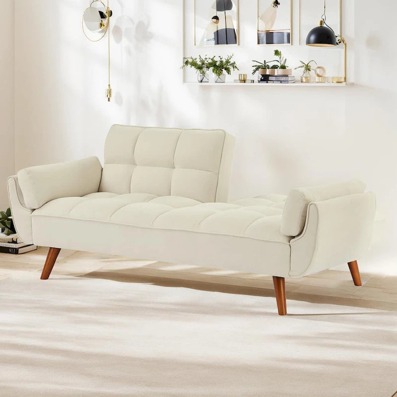 Ausziehbares Futon-Schlafsofa mit verstellbarer geteilter getufteter Rückenlehne und Beinen aus Gummibaumholz