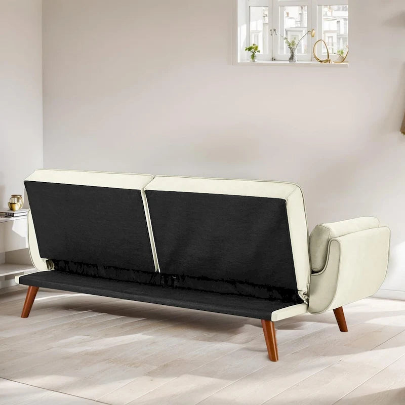 Ausziehbares Futon-Schlafsofa mit verstellbarer geteilter getufteter Rückenlehne und Beinen aus Gummibaumholz