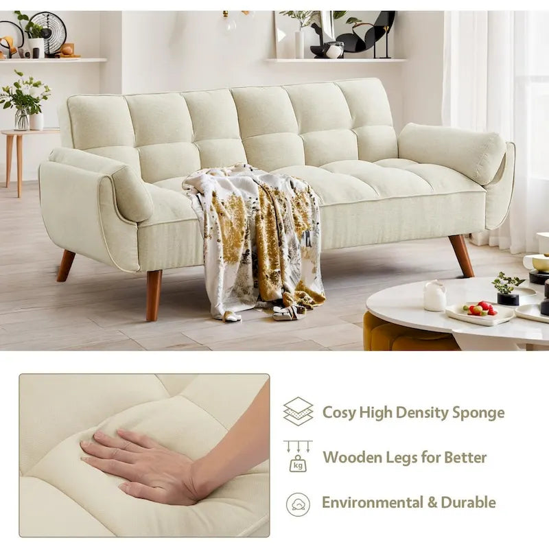 Ausziehbares Futon-Schlafsofa mit verstellbarer geteilter getufteter Rückenlehne und Beinen aus Gummibaumholz
