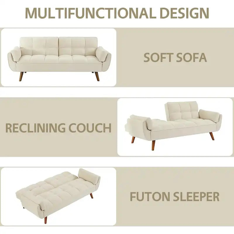 Ausziehbares Futon-Schlafsofa mit verstellbarer geteilter getufteter Rückenlehne und Beinen aus Gummibaumholz