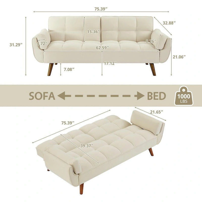 Ausziehbares Futon-Schlafsofa mit verstellbarer geteilter getufteter Rückenlehne und Beinen aus Gummibaumholz