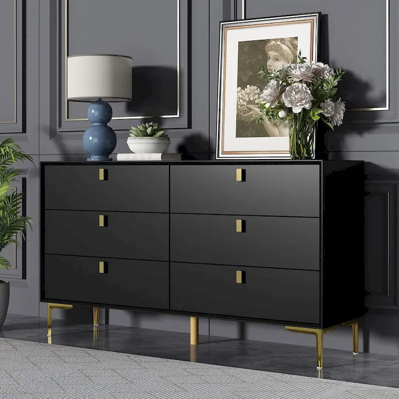 Modern 6-Drawer Wide Dresser Chest with Metal Knobs for Bedroom & Living Room