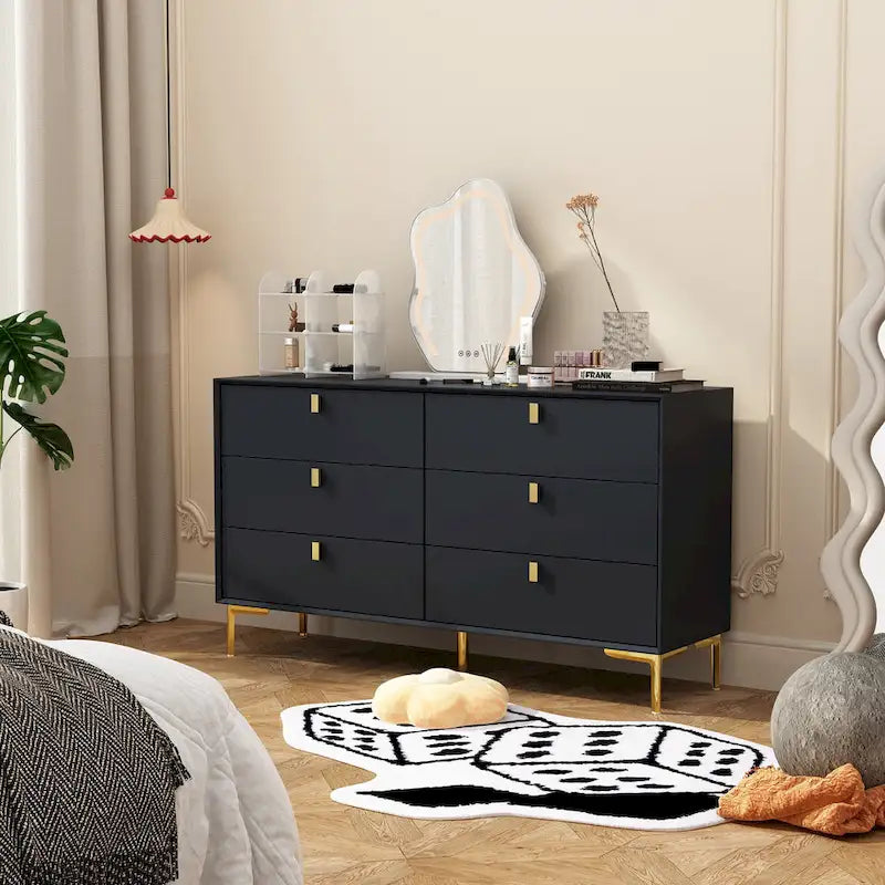 Modern 6-Drawer Wide Dresser Chest with Metal Knobs for Bedroom & Living Room