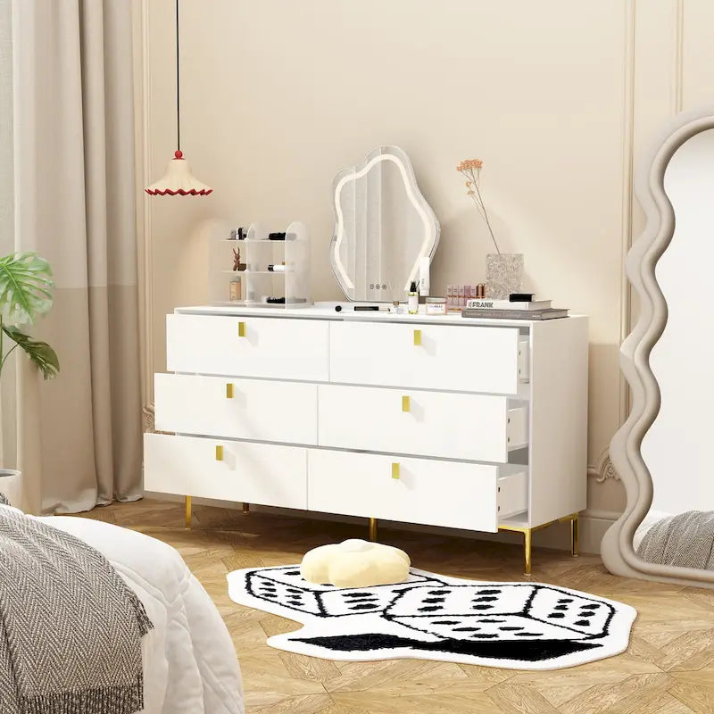 Modern 6-Drawer Wide Dresser Chest with Metal Knobs for Bedroom & Living Room