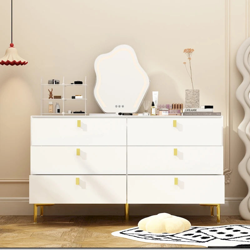 Modern 6-Drawer Wide Dresser Chest with Metal Knobs for Bedroom & Living Room