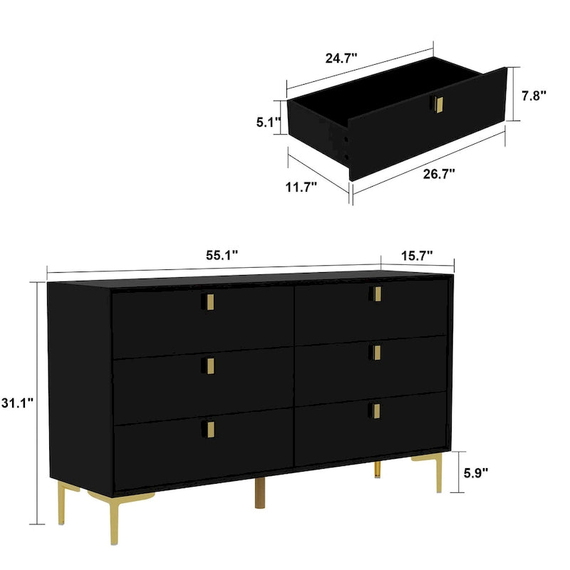 Modern 6-Drawer Wide Dresser Chest with Metal Knobs for Bedroom & Living Room