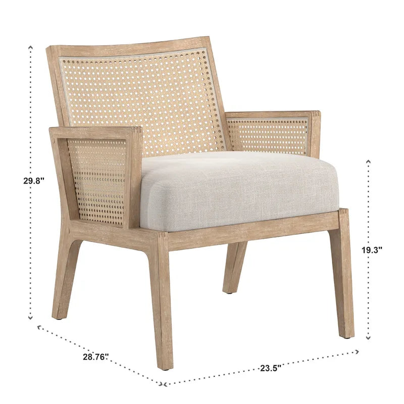 Fauteuil d’appoint bohème en rotin cannage avec assise coussinée en tissu