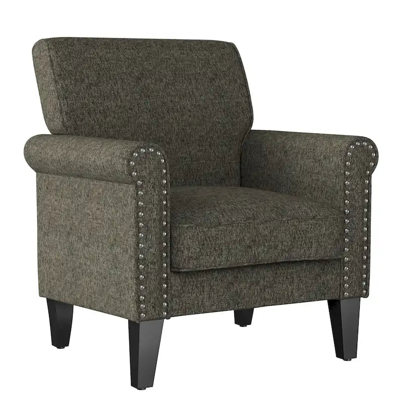 Classic Rolled Arm Accent Chair with Nail-Head Trim & Tapered Wood Legs