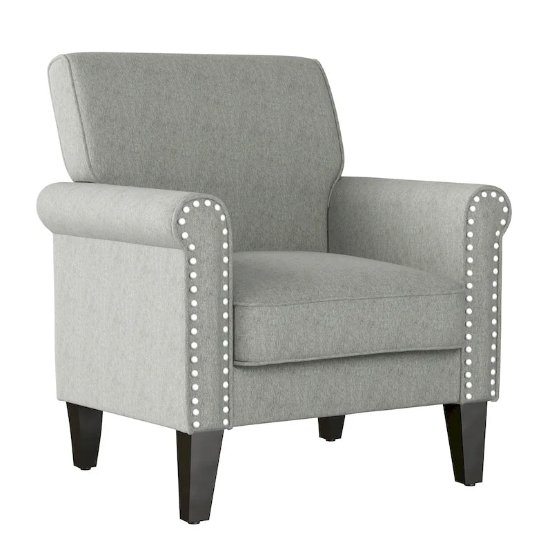 Classic Rolled Arm Accent Chair with Nail-Head Trim & Tapered Wood Legs