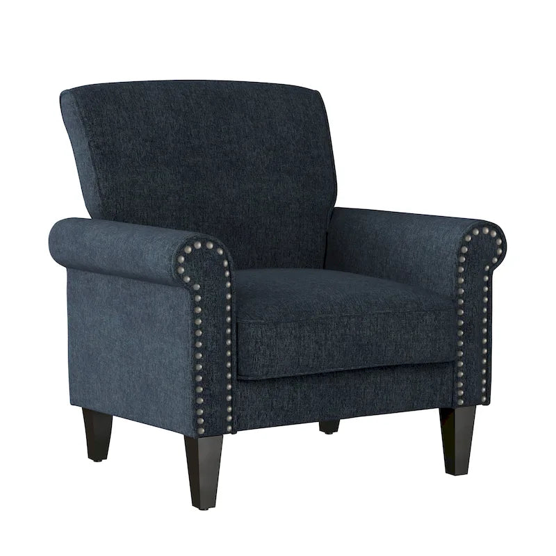 Classic Rolled Arm Accent Chair with Nail-Head Trim & Tapered Wood Legs