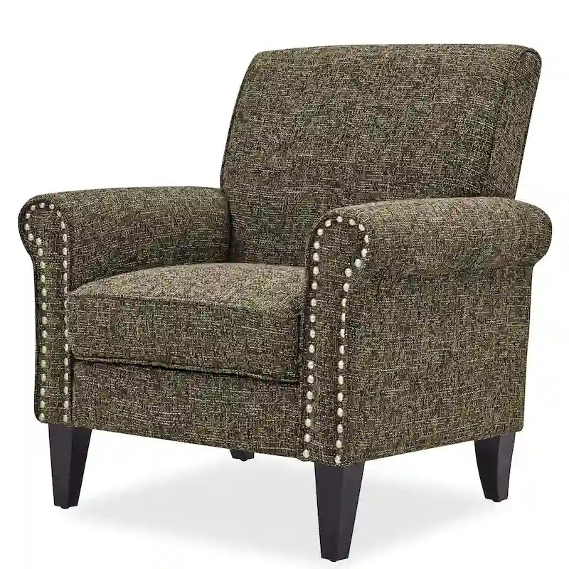 Classic Rolled Arm Accent Chair with Nail-Head Trim & Tapered Wood Legs