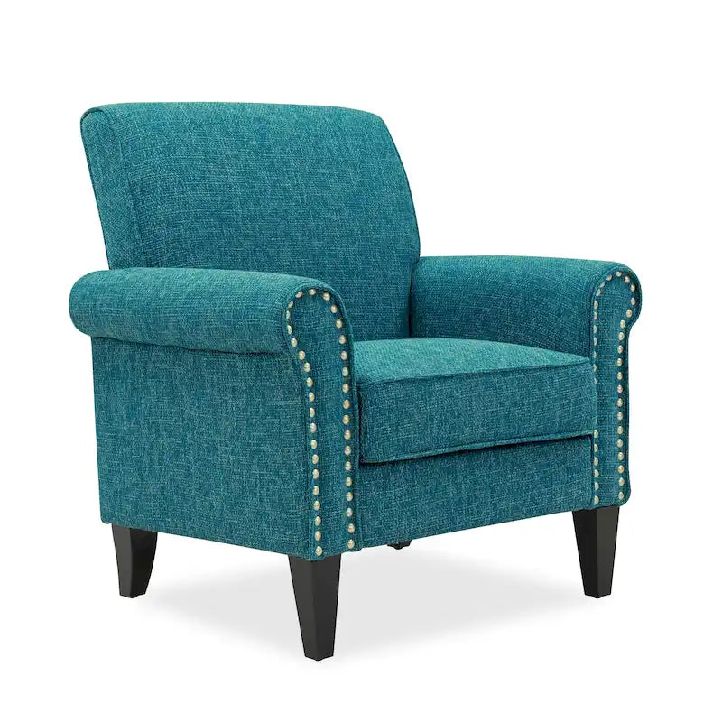 Classic Rolled Arm Accent Chair with Nail-Head Trim & Tapered Wood Legs