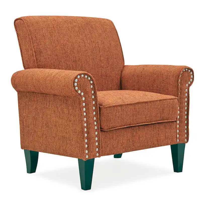 Classic Rolled Arm Accent Chair with Nail-Head Trim & Tapered Wood Legs