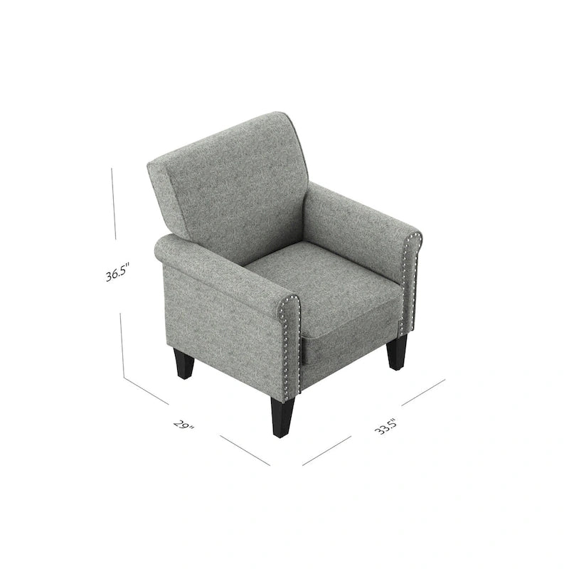 Classic Rolled Arm Accent Chair with Nail-Head Trim & Tapered Wood Legs