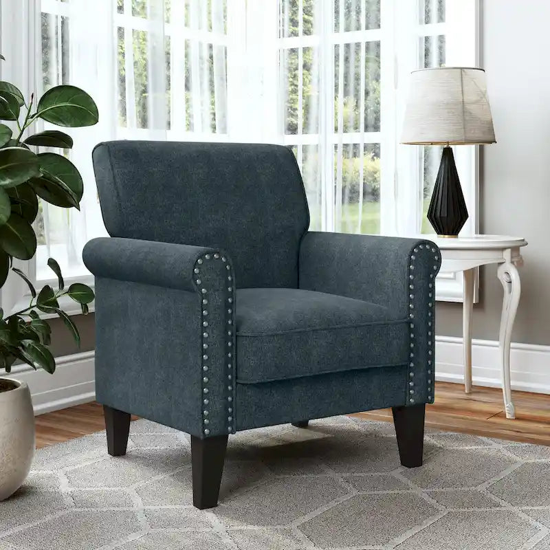 Classic Rolled Arm Accent Chair with Nail-Head Trim & Tapered Wood Legs