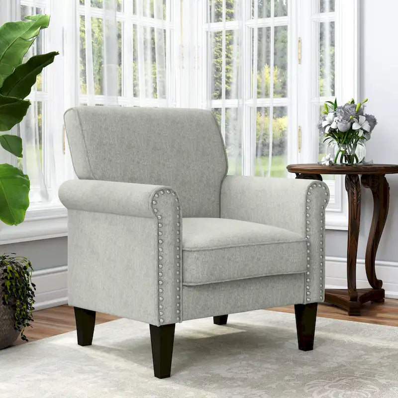 Classic Rolled Arm Accent Chair with Nail-Head Trim & Tapered Wood Legs
