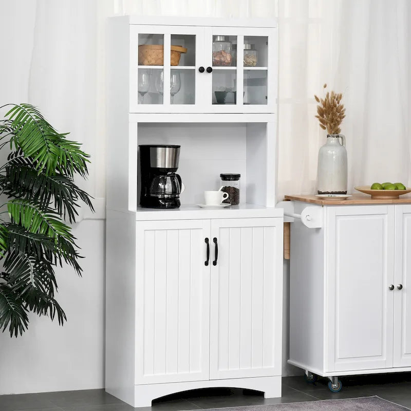 Tall Kitchen Buffet Hutch with Glass Door Cabinets, Open Microwave Space & Adjustable Shelves