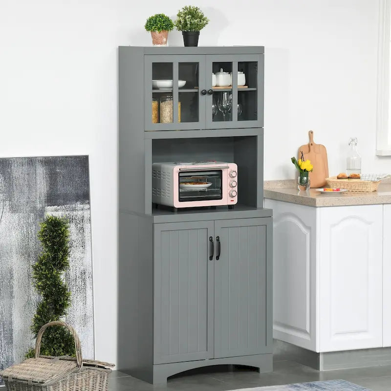 Tall Kitchen Buffet Hutch with Glass Door Cabinets, Open Microwave Space & Adjustable Shelves