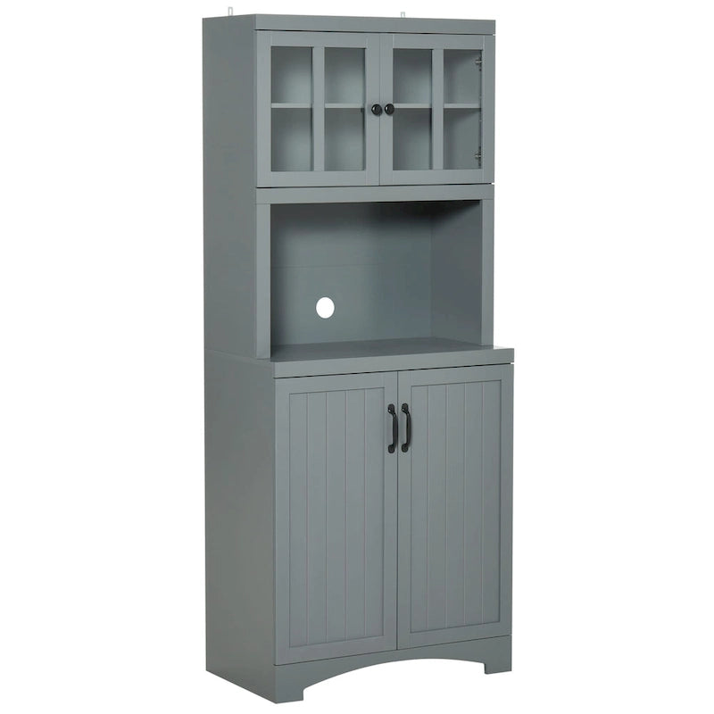 Credenza alta da cucina con vetrine, vano aperto per microonde e ripiani regolabili