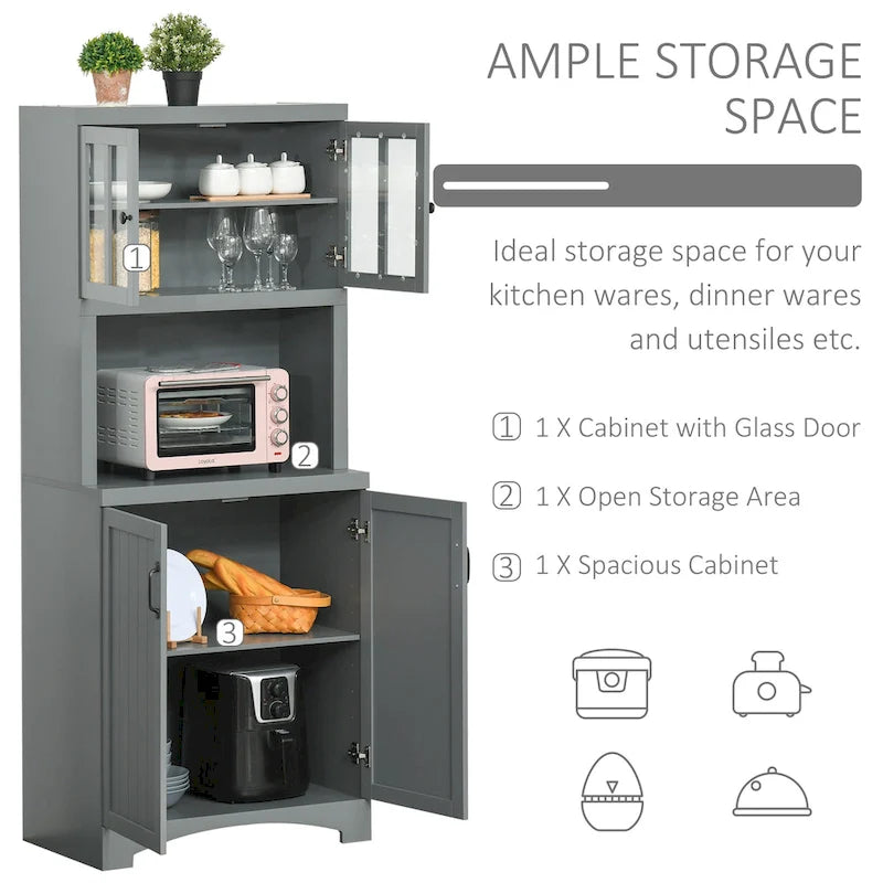 Credenza alta da cucina con vetrine, vano aperto per microonde e ripiani regolabili