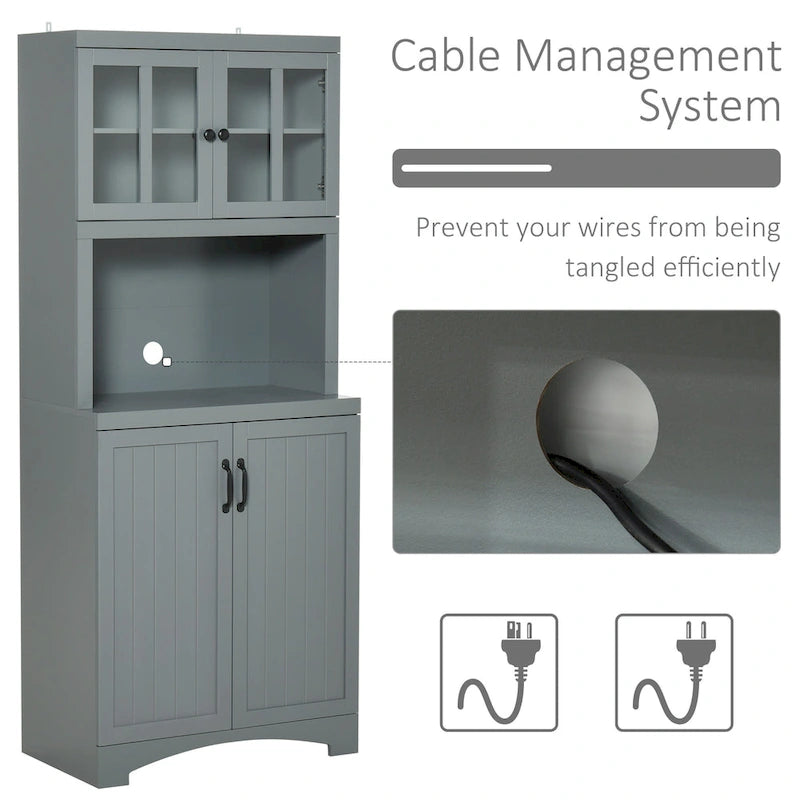 Credenza alta da cucina con vetrine, vano aperto per microonde e ripiani regolabili