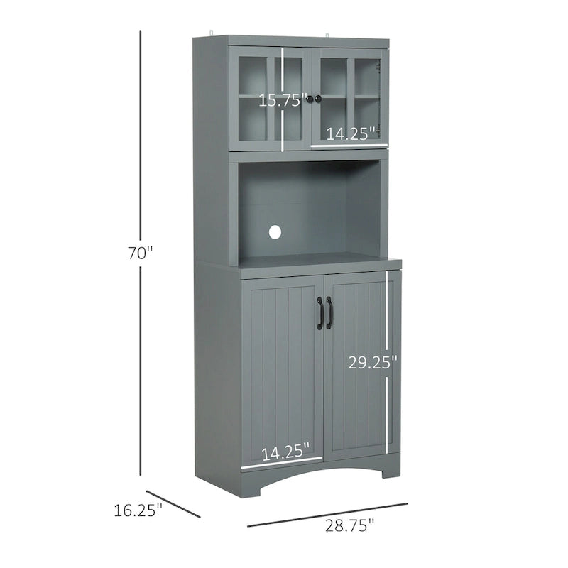 Credenza alta da cucina con vetrine, vano aperto per microonde e ripiani regolabili