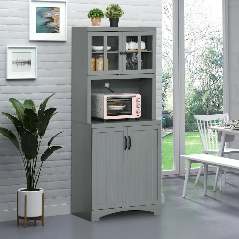 Credenza alta da cucina con vetrine, vano aperto per microonde e ripiani regolabili