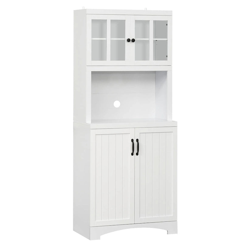 Credenza alta da cucina con vetrine, vano aperto per microonde e ripiani regolabili