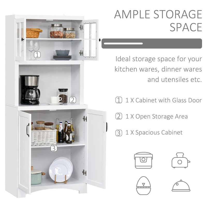 Credenza alta da cucina con vetrine, vano aperto per microonde e ripiani regolabili