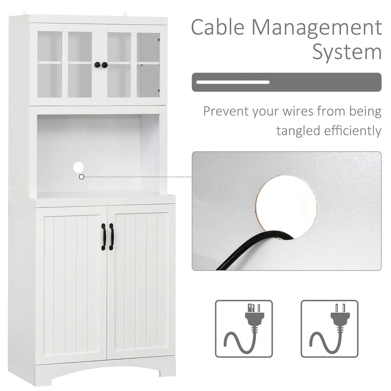Credenza alta da cucina con vetrine, vano aperto per microonde e ripiani regolabili
