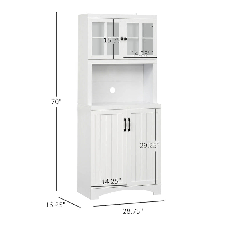 Credenza alta da cucina con vetrine, vano aperto per microonde e ripiani regolabili