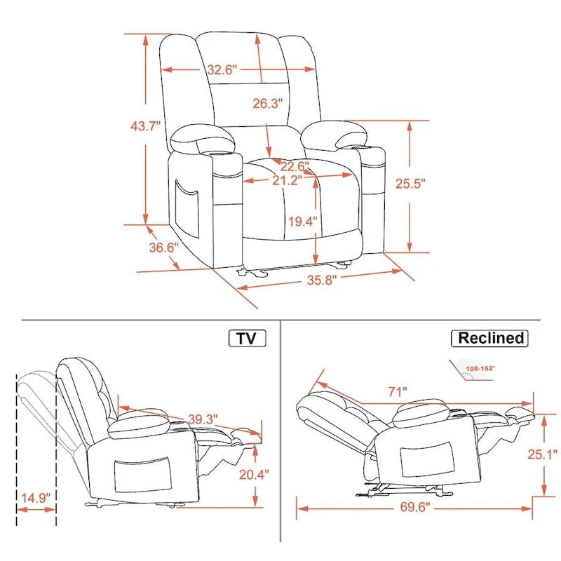 Fauteuil inclinable électrique avec chauffage, massage, ports USB et porte-gobelets