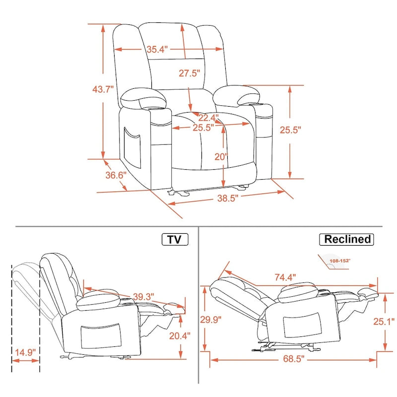 Fauteuil inclinable électrique avec chauffage, massage, ports USB et porte-gobelets