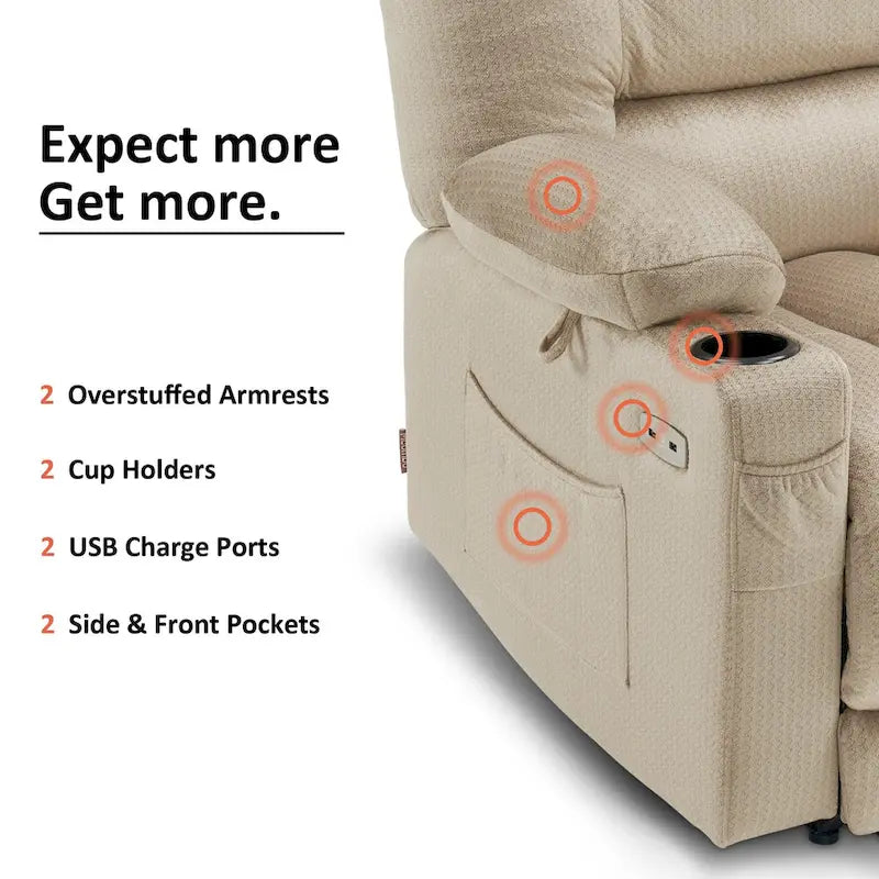 Fauteuil inclinable électrique avec chauffage, massage, ports USB et porte-gobelets