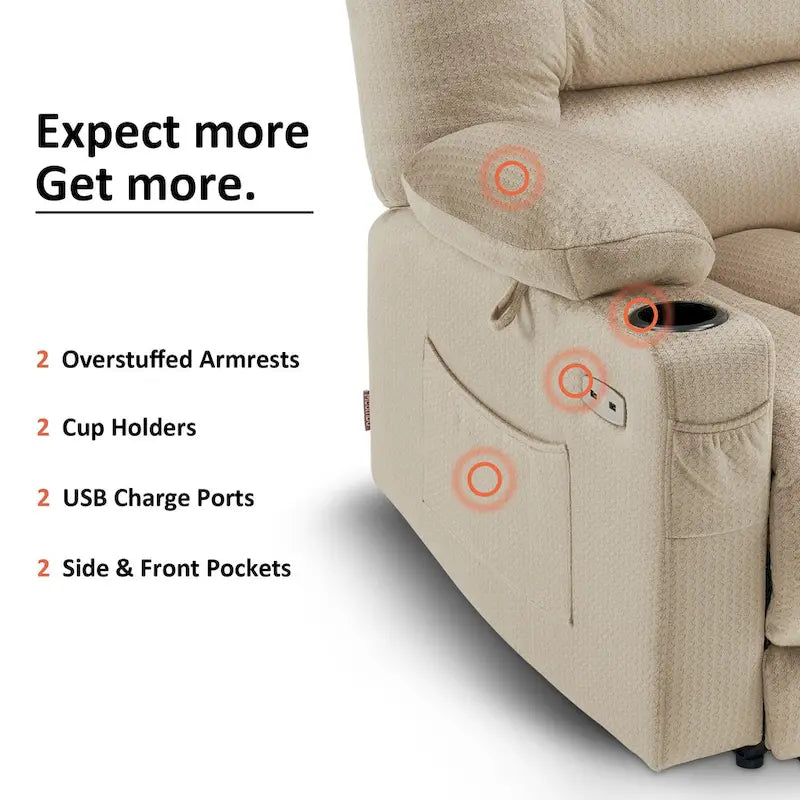 Fauteuil inclinable électrique avec chauffage, massage, ports USB et porte-gobelets