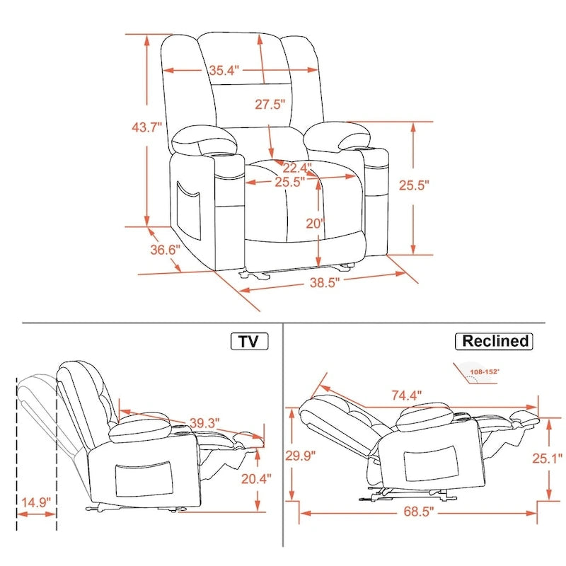 Fauteuil inclinable électrique avec chauffage, massage, ports USB et porte-gobelets