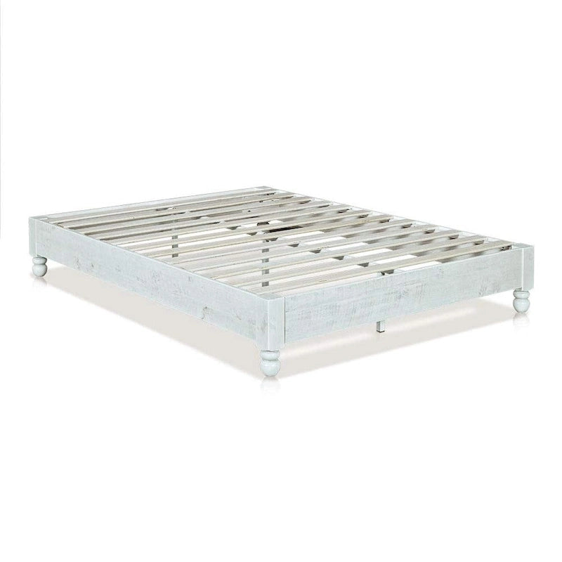 Rustic White Washed Solid Pine Wood Platform Bed Frame with Wooden Slats