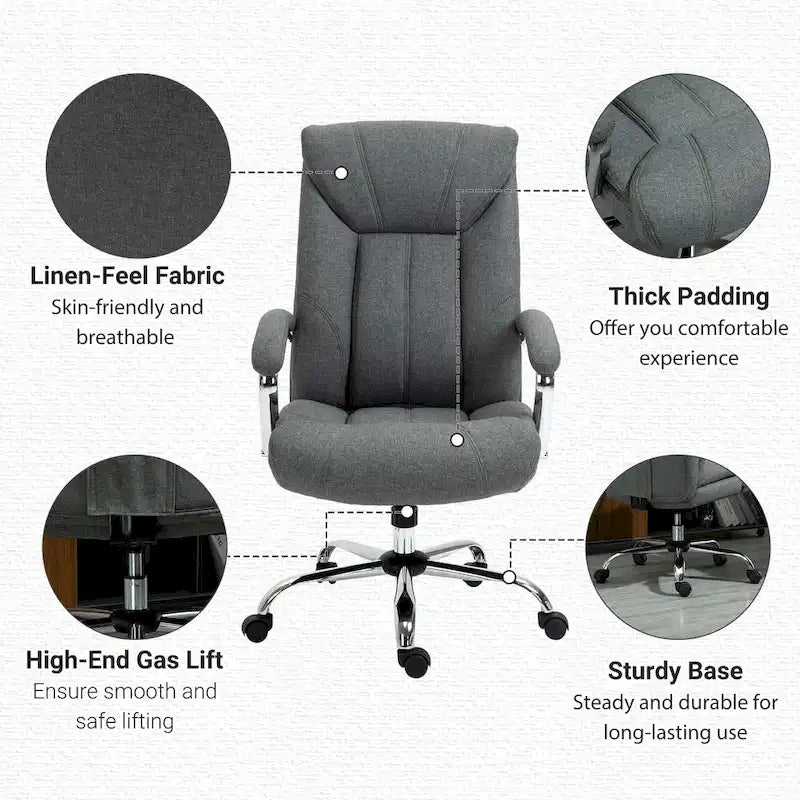 Ergonomischer Bürostuhl mit hoher Rückenlehne, Drehfunktion, Leinenbezug, verstellbarer Höhe und Armlehnen