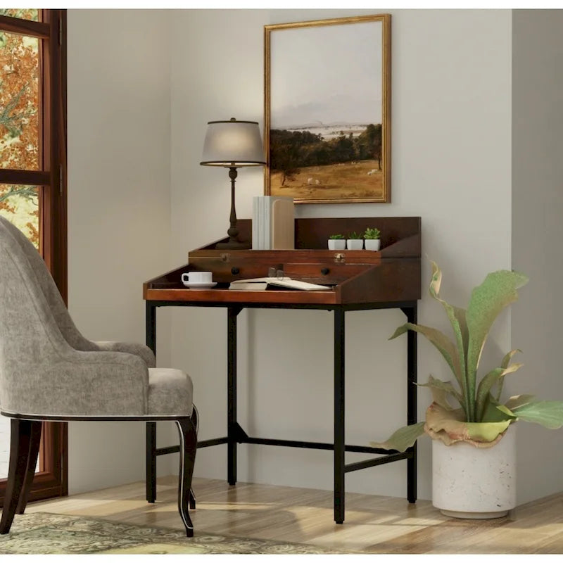 Rustic Industrial Solid Mango Wood Writing Desk with 2 Drawers & Cast Iron Base