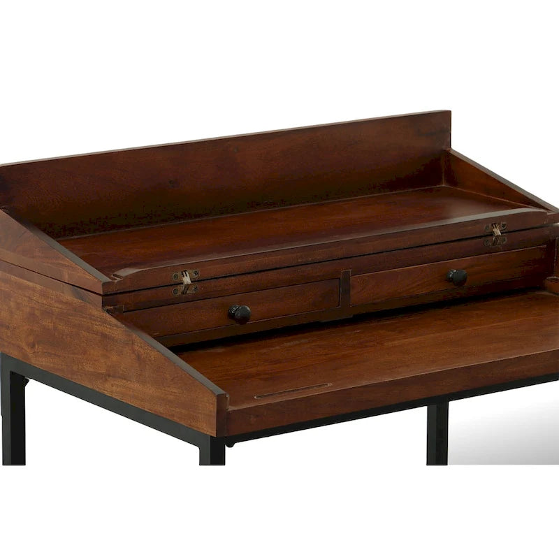 Rustic Industrial Solid Mango Wood Writing Desk with 2 Drawers & Cast Iron Base