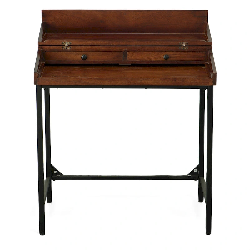 Rustic Industrial Solid Mango Wood Writing Desk with 2 Drawers & Cast Iron Base