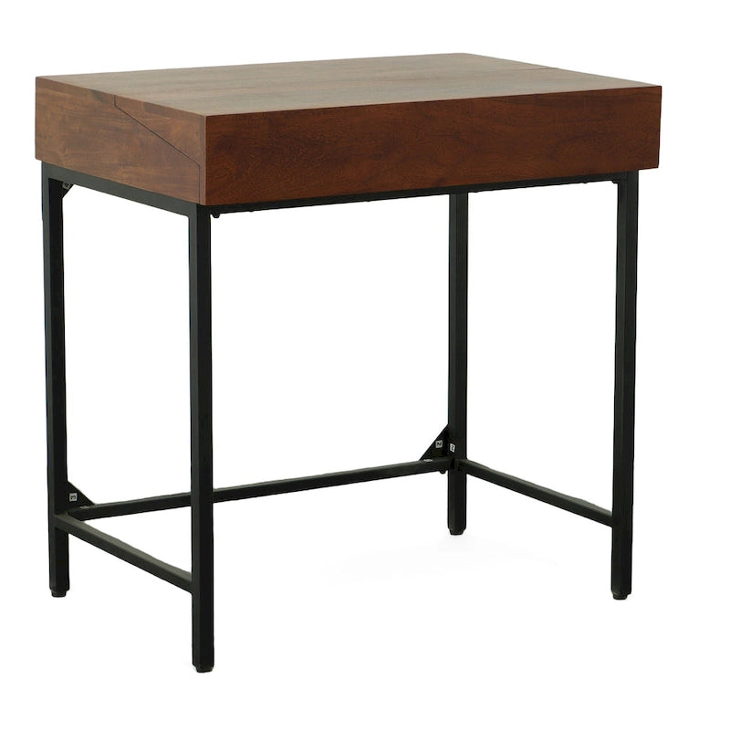 Rustic Industrial Solid Mango Wood Writing Desk with 2 Drawers & Cast Iron Base