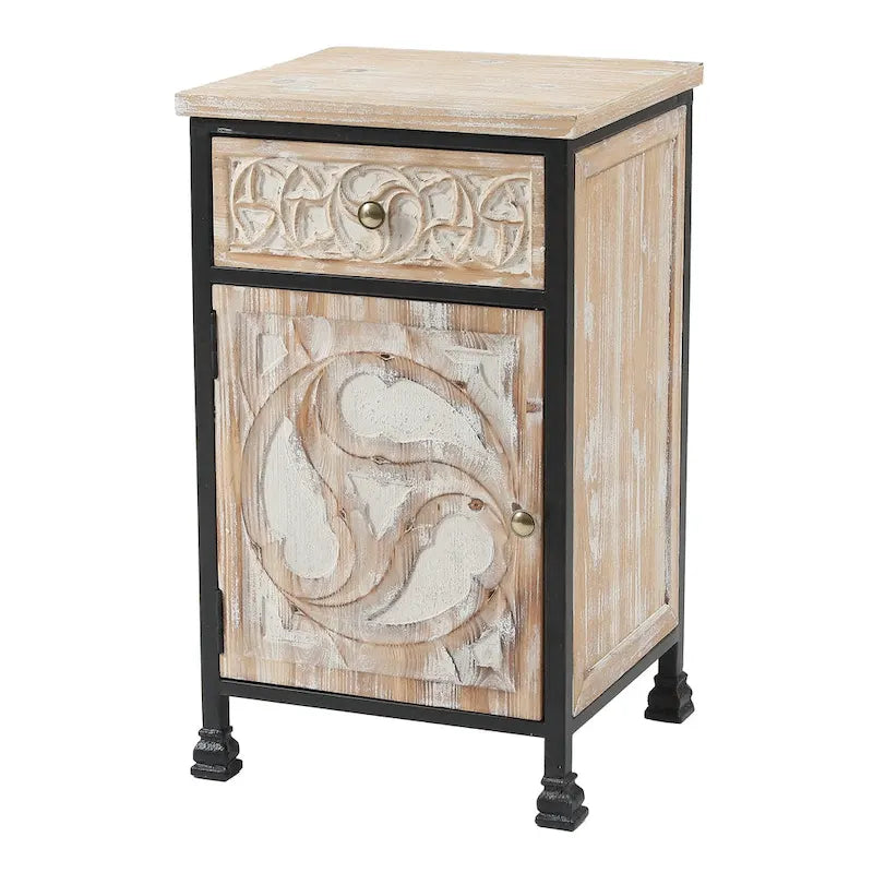 Farmhouse Carved Wood Nightstand with Drawer & Enclosed Cabinet Door