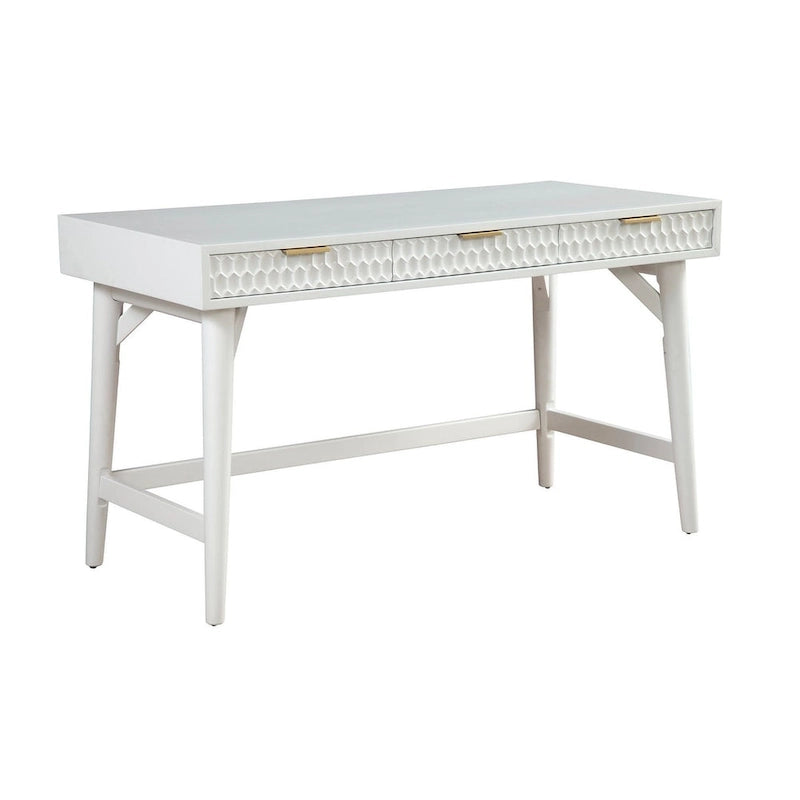 Grand bureau blanc avec tiroirs texturés et quincaillerie dorée