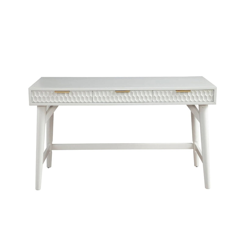 Grand bureau blanc avec tiroirs texturés et quincaillerie dorée